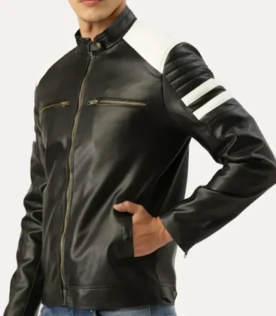 Classic Black and White Striped Leather Racer Jacket