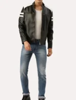 Classic Black and White Striped Leather Racer Jacket