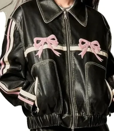 Classic Cafe Racer Black Leather Jacket With Pink Bows Classic Collar
