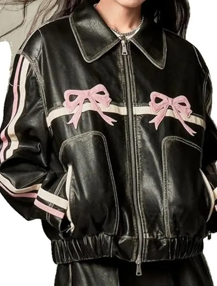 Classic Cafe Racer Black Leather Jacket With Pink Bows Classic Collar Classic Cafe Racer Black Leather Jacket With Pink Bows Classic Collar