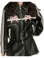 Classic Cafe Racer Black Leather Jacket With Pink Bows Classic Collar