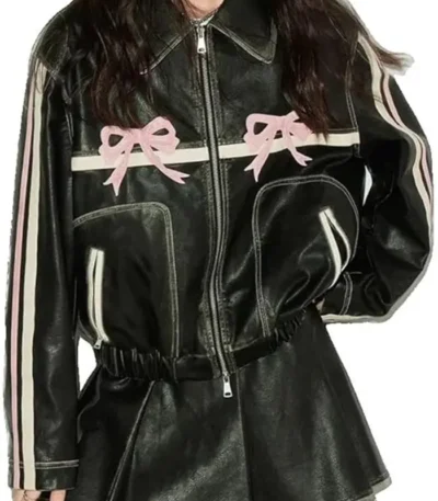 Classic Cafe Racer Black Leather Jacket With Pink Bows Classic Collar