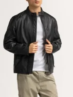 Classic Men’s Black Cafe Racer Leather Zipper Jacket