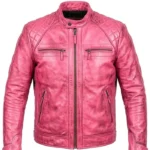 Classic Mens Cafe Racer Motorcycle Barbie Pink Leather Jacket