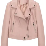 Classic Pink Crop Leather Jacket For Bikers Stand Collar