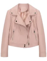 Classic Pink Crop Leather Jacket For Bikers Stand Collar