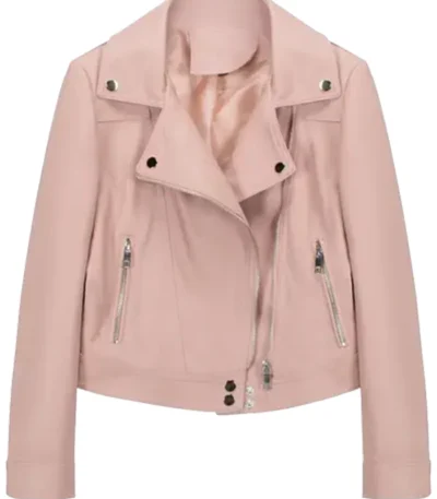 Classic Pink Crop Leather Jacket For Bikers Stand Collar