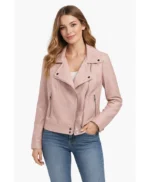Classic Pink Crop Leather Jacket For Bikers Stand Collar