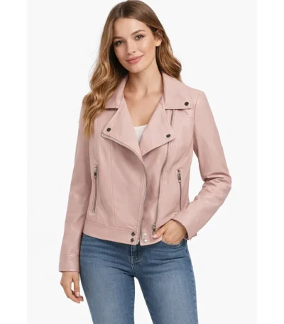 Classic Pink Crop Leather Jacket For Bikers Stand Collar