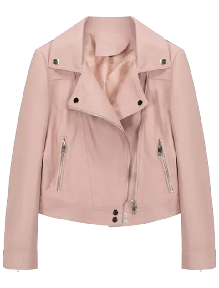 Classic Pink Crop Leather Jacket For Bikers Stand Collar Classic Pink Crop Leather Jacket For Bikers Stand Collar