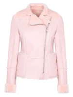 Classic Vintage Moto Lapel Style Collar Pink Leather Fur Jacket