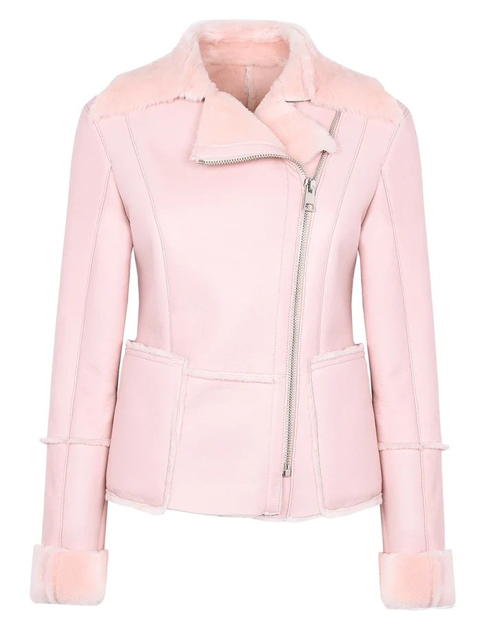 Classic Vintage Moto Lapel Style Collar Pink Leather Fur Jacket Classic Vintage Moto Lapel Style Collar Pink Leather Fur Jacket