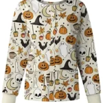 Cream Moon Skull Ghosts Halloween Scrub Jacket