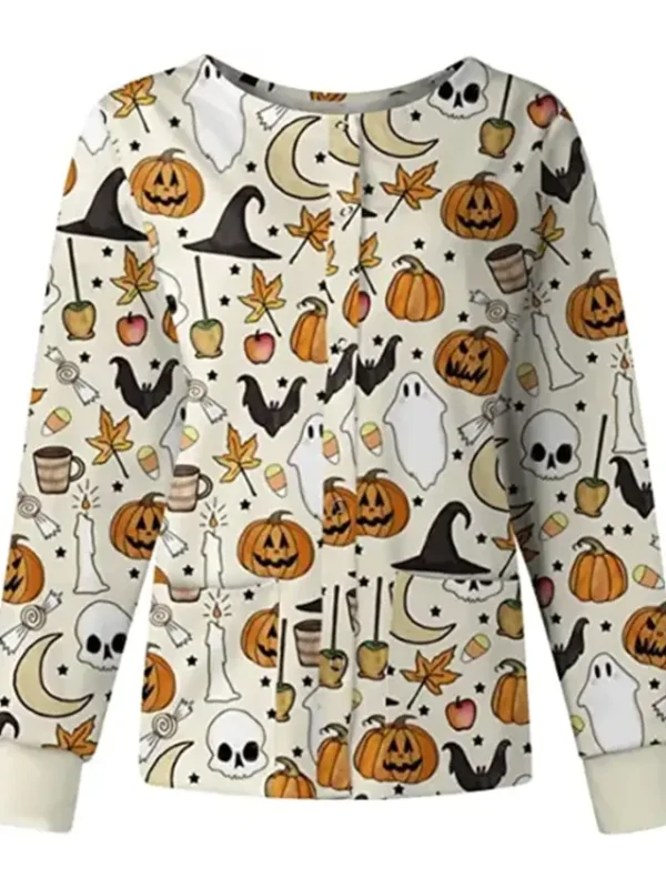 Cream Moon Skull Ghosts Halloween Scrub Jacket