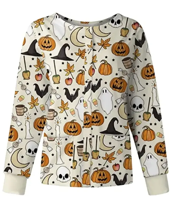 Cream Moon Skull Ghosts Halloween Scrub Jacket Cream Moon Skull Ghosts Halloween Scrub Jacket