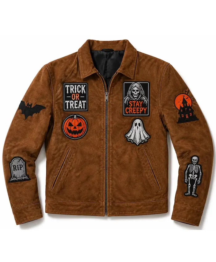 Creepy Trick or Treat Patch Suede Jacket Creepy Trick or Treat Patch Suede Jacket