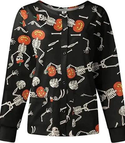 Dancing Skelton Pumpkins Halloween Scrub Jacket