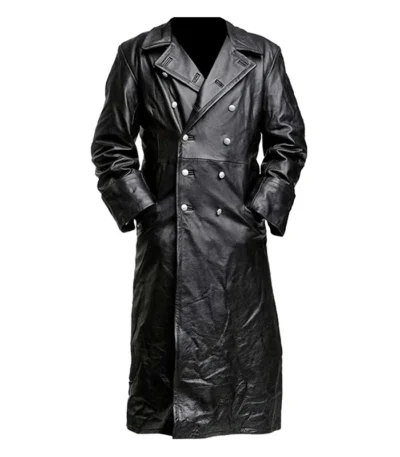 German Classic Officer WW2 Military Uniform Black Leather Trench Coat