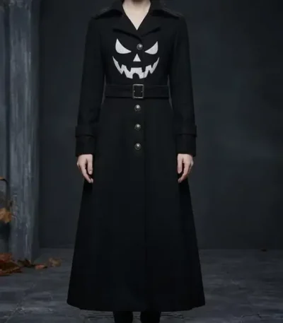 Gothic Pumpkin Black Wool Coat for Women