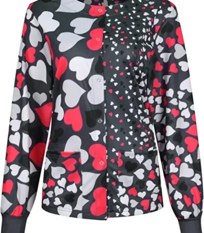 Grey and Red Hearts Halloween Scrub Jacket