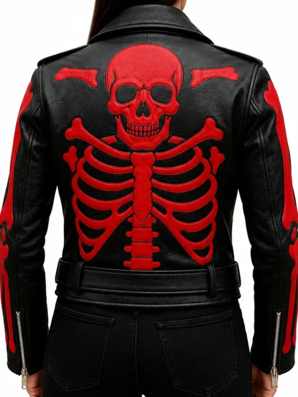 Black Leather Red Skeleton Bones Jacket