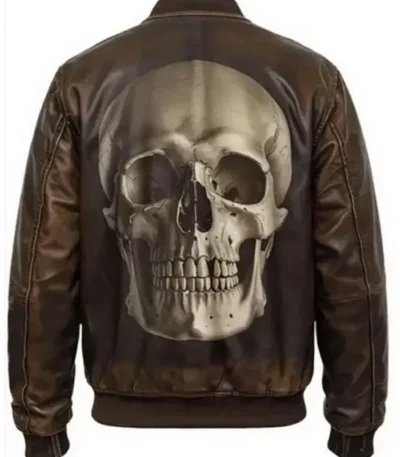 Brown Leather Skull Printed Jacket