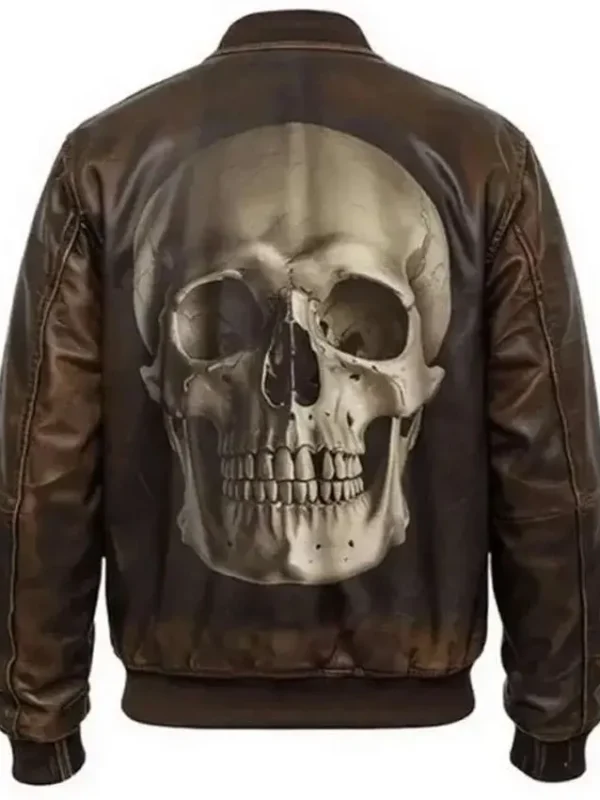 Brown Leather Skull Printed Jacket