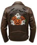Halloween Patches Distressed Brown Leather Jacket.