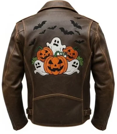 Halloween Patches Distressed Brown Leather Jacket.
