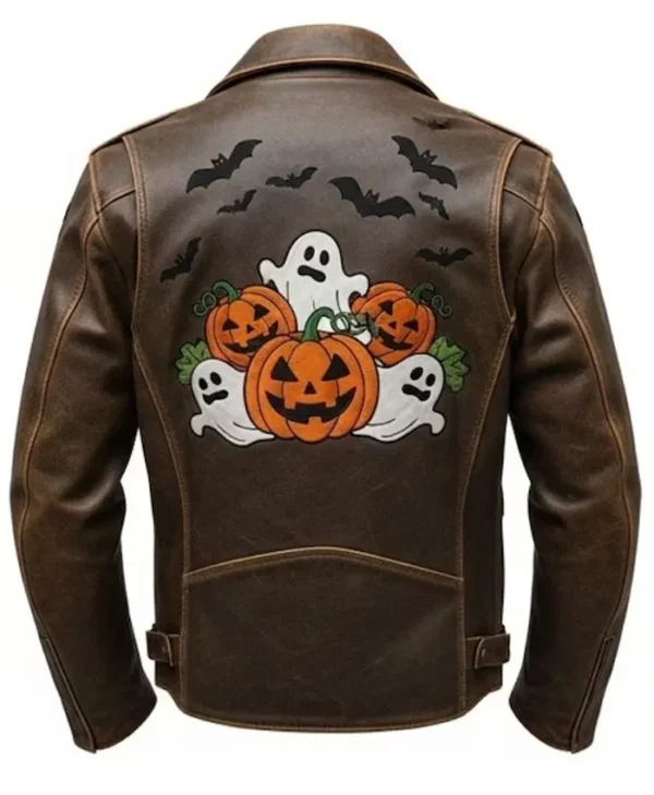 Halloween Patches Distressed Brown Leather Jacket.