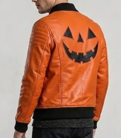 Halloween Pumpkin Orange Leather Bomber Jacket