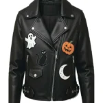 Halloween Patches Black Leather Biker Jacket