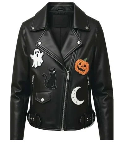 Halloween Patches Black Leather Biker Jacket