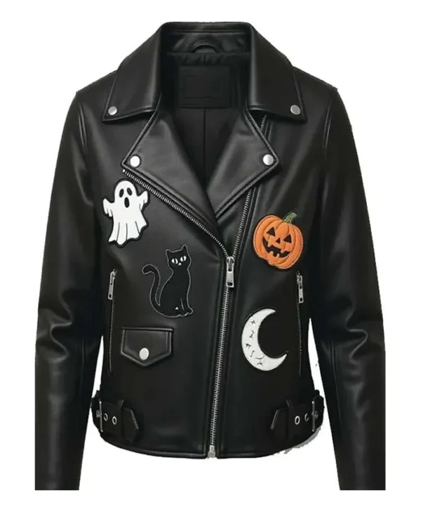 Halloween Patches Black Leather Biker Jacket