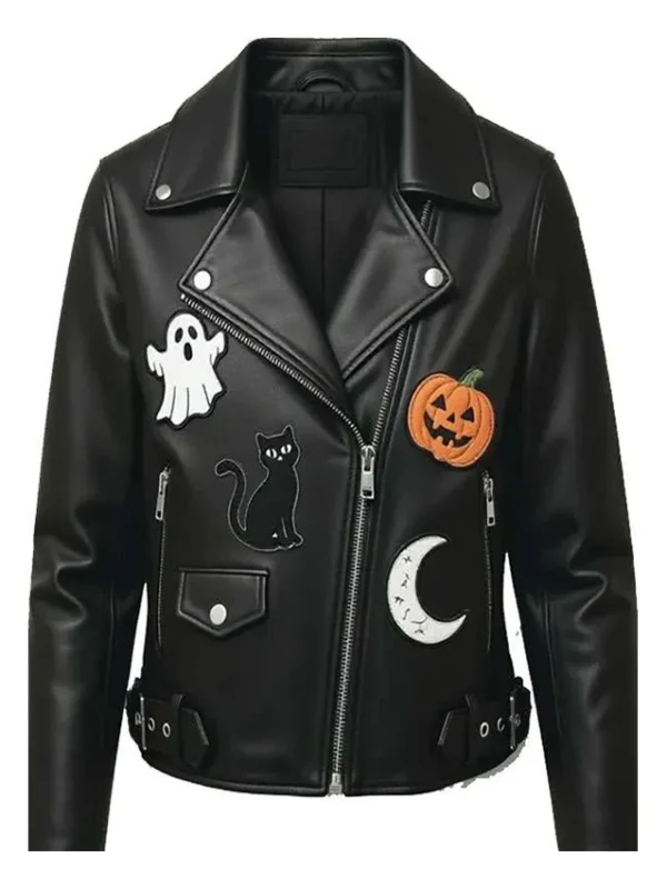 Halloween Patches Black Leather Biker Jacket