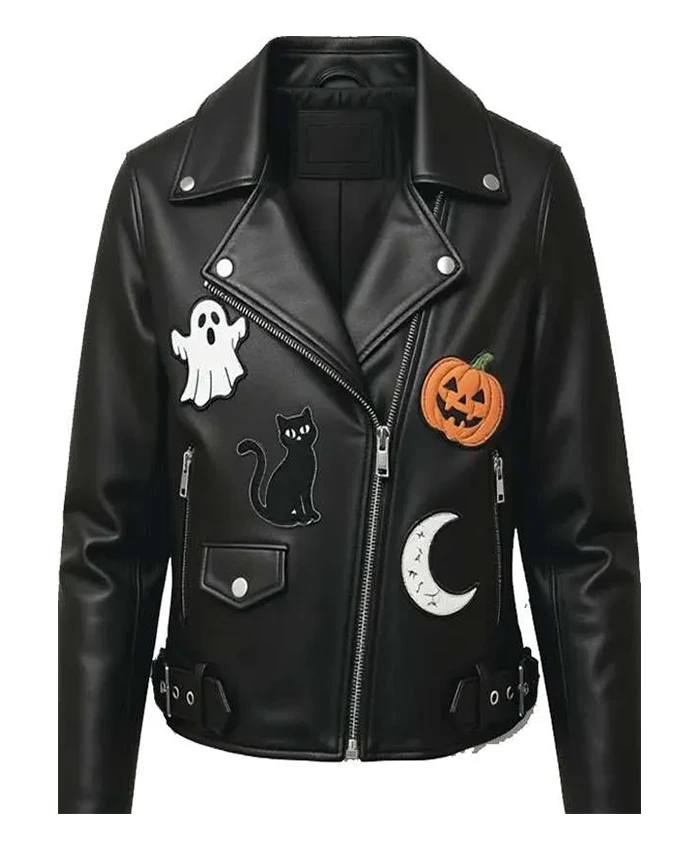Halloween Patches Black Leather Biker Jacket Halloween Patches Black Leather Biker Jacket