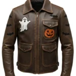 Halloween Patches Distressed Brown Leather Jacket.