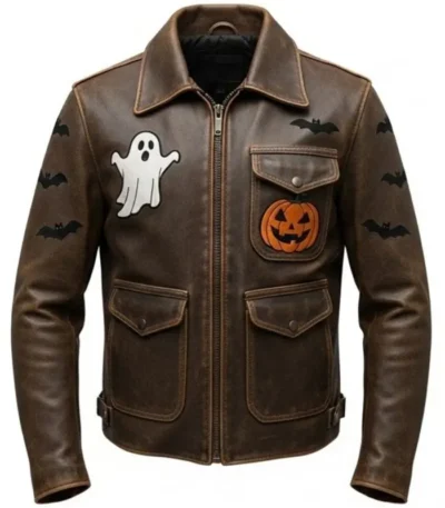 Halloween Patches Distressed Brown Leather Jacket.
