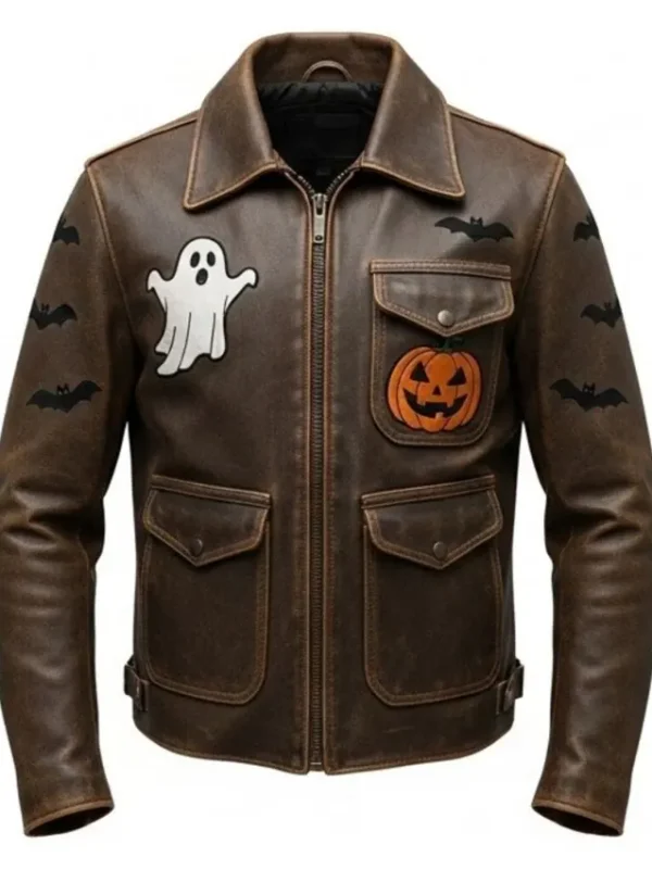 Halloween Patches Distressed Brown Leather Jacket.