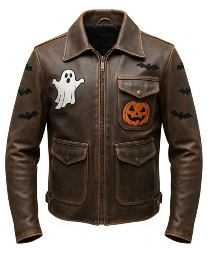 Halloween Patches Distressed Brown Leather Jacket. Halloween Patches Distressed Brown Leather Jacket.