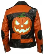 Halloween Patchwork Black and Orange Leather Biker Jacket Back