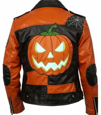 Halloween Patchwork Black and Orange Leather Biker Jacket Back
