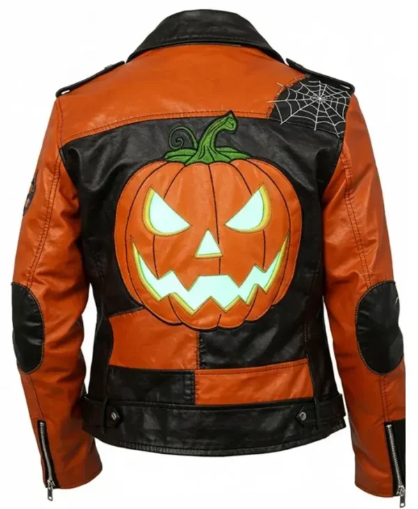 Halloween Patchwork Black and Orange Leather Biker Jacket Back