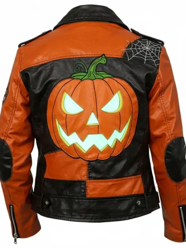 Halloween Patchwork Black and Orange Leather Biker Jacket Back