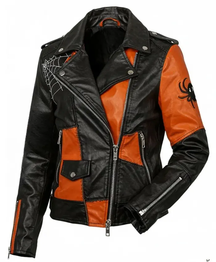Halloween Patchwork Leather Biker Jacket Halloween Patchwork Leather Biker Jacket