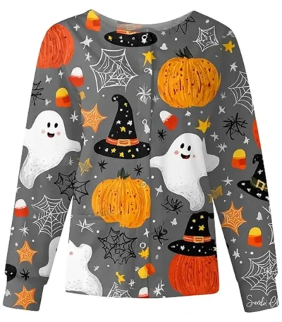 Halloween Print Grey Scrub Jacket