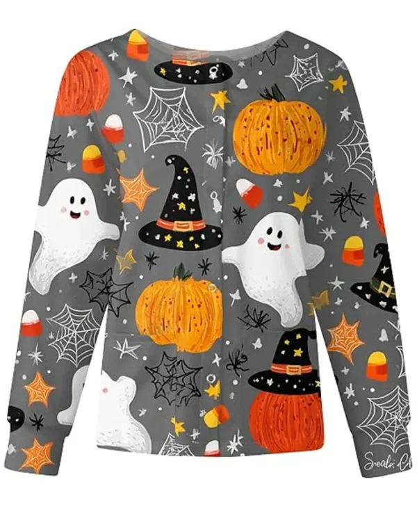 Halloween Print Grey Scrub Jacket