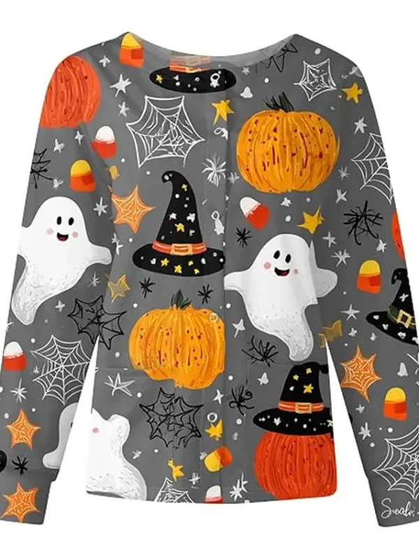Halloween Print Grey Scrub Jacket