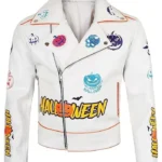 Halloween Pumpkin Asymmetrical White Leather Jacket