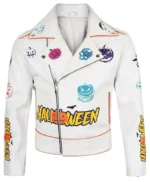 Halloween Pumpkin Asymmetrical White Leather Jacket